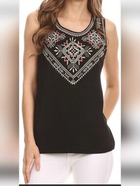 Sakkas Black Tank Top with Pink & Turquoise Embroidered Yoke Size 3XL.